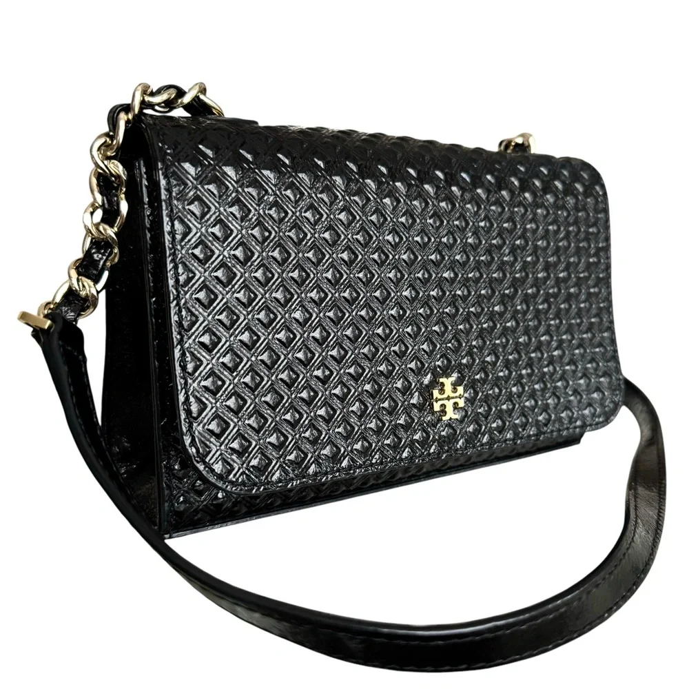 🆕 Tory Burch Marion Patent Flap Shoulder Bag Crossbody Black Embossed Leather